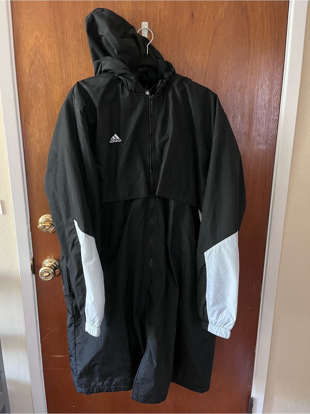 adidas Long Hooded swim parka Jacket in Black with white Accents